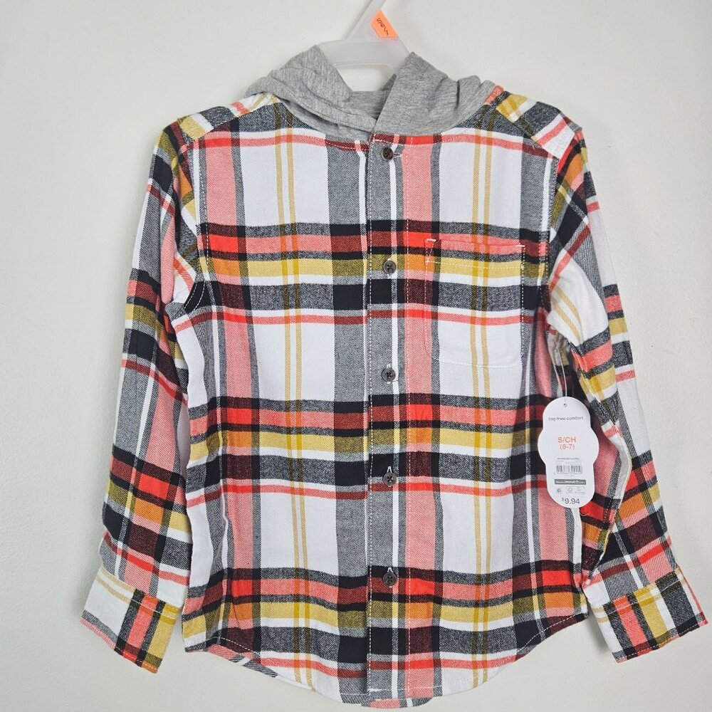 Boys Size Small (6-7) Plaid Hooded Flannel Shirt Chest Pocket Button Up School